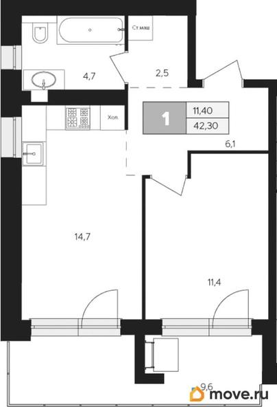 1-комн. квартира, 42.3 м&sup2;