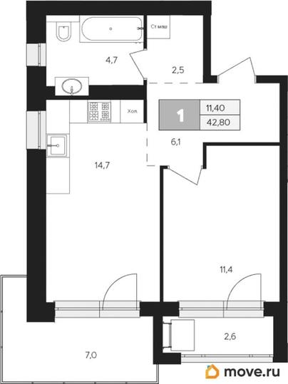 1-комн. квартира, 42.8 м&sup2;