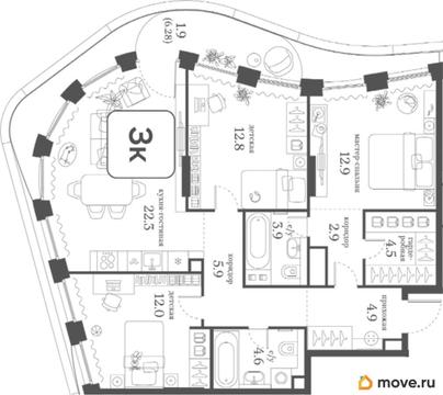 3-комн. квартира, 88.6 м&sup2;