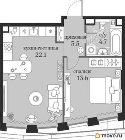 1-комн. квартира, 43.9 м&sup2;