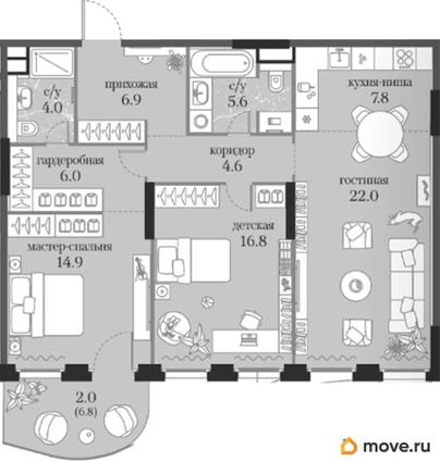 2-комн. квартира, 90.6 м&sup2;