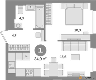 1-комн. квартира, 34.9 м&sup2;