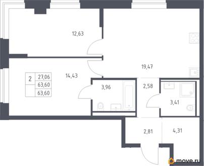 2-комн. квартира, 63.6 м&sup2;