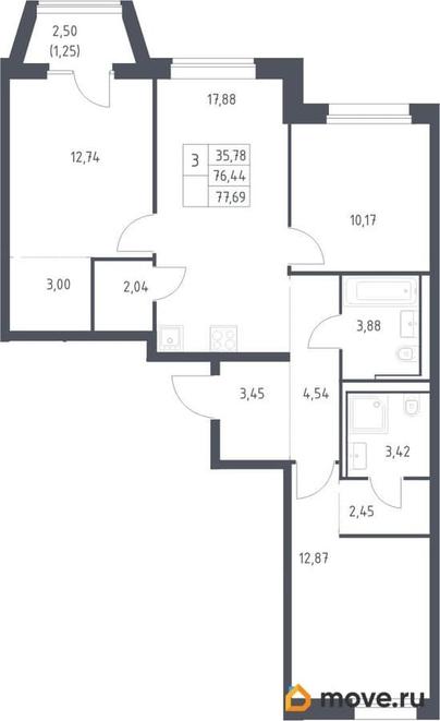 3-комн. квартира, 77.69 м&sup2;