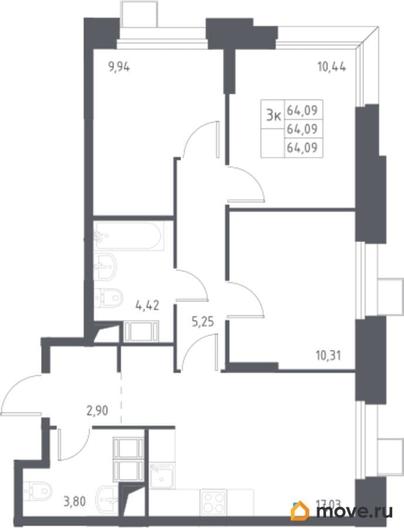 3-комн. квартира, 64.09 м&sup2;