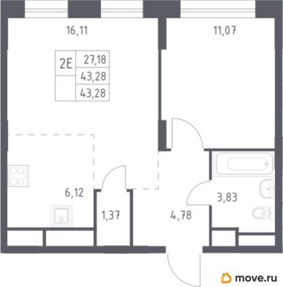 1-комн. квартира, 43.28 м&sup2;