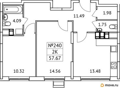 2-комн. квартира, 57.67 м&sup2;