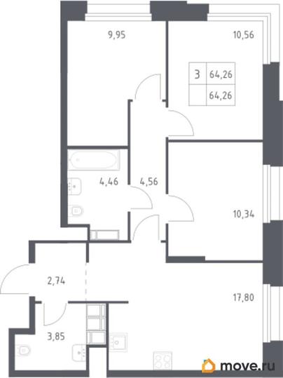 3-комн. квартира, 64.26 м&sup2;