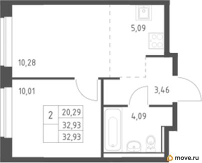 1-комн. квартира, 32.93 м&sup2;