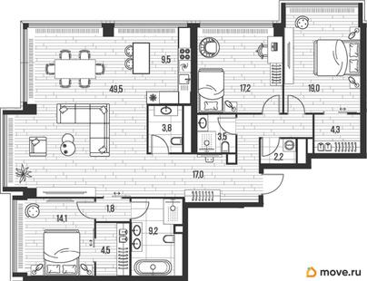 3-комн. квартира, 155.6 м&sup2;