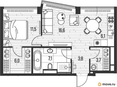 1-комн. квартира, 54.8 м&sup2;