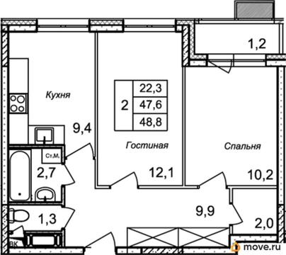 2-комн. квартира, 48.8 м&sup2;