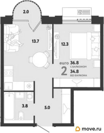 1-комн. квартира, 36.8 м&sup2;