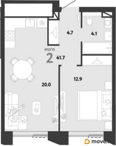 1-комн. квартира, 41.7 м&sup2;