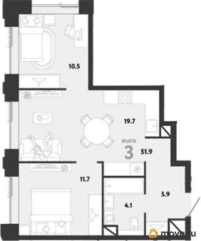 2-комн. квартира, 51.9 м&sup2;