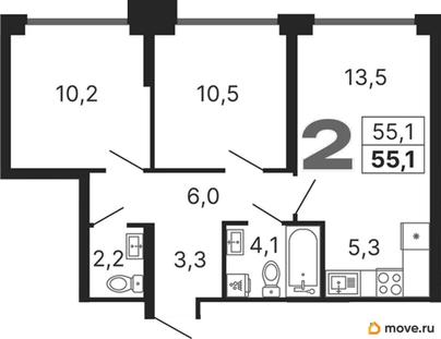 2-комн. квартира, 55.1 м&sup2;