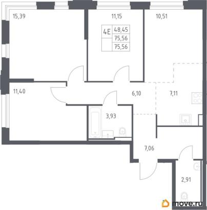 3-комн. квартира, 75.56 м&sup2;