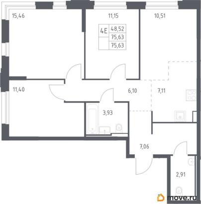 3-комн. квартира, 75.63 м&sup2;