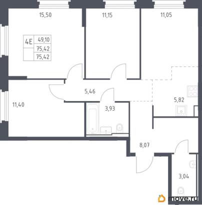 3-комн. квартира, 75.42 м&sup2;