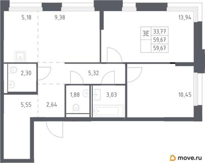 2-комн. квартира, 59.67 м&sup2;