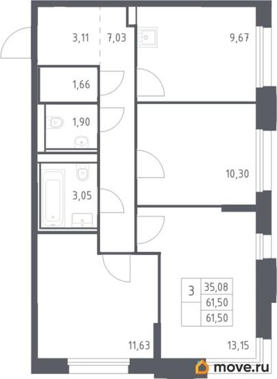 3-комн. квартира, 61.5 м&sup2;