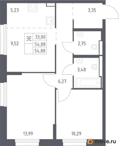 2-комн. квартира, 54.88 м&sup2;