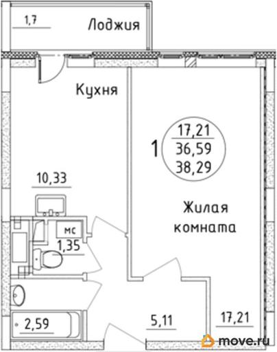 1-комн. квартира, 38.29 м&sup2;