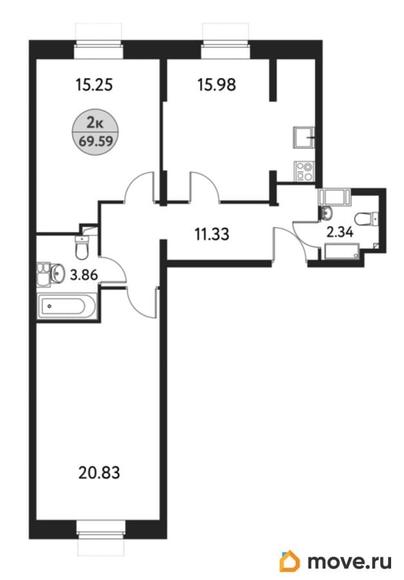 2-комн. квартира, 69.59 м&sup2;