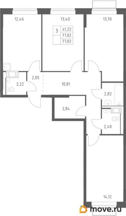 3-комн. квартира, 77.82 м&sup2;