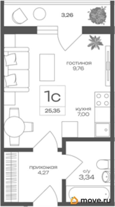 студия, 25.35 м&sup2;