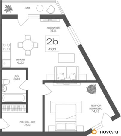 1-комн. квартира, 47.13 м&sup2;