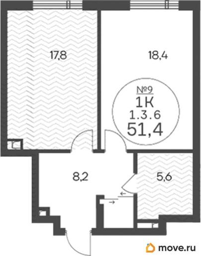 1-комн. квартира, 51.4 м&sup2;