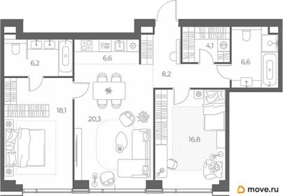 2-комн. квартира, 86.9 м&sup2;