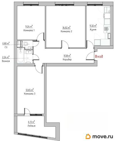 3-комн. квартира, 60 м&sup2;