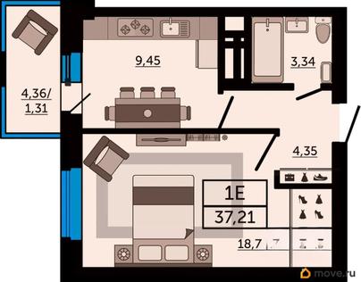 1-комн. квартира, 37.21 м&sup2;