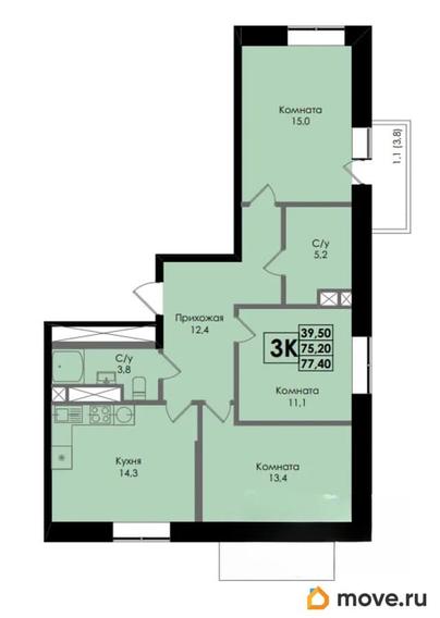 3-комн. квартира, 77.4 м&sup2;