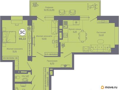3-комн. квартира, 66.04 м&sup2;