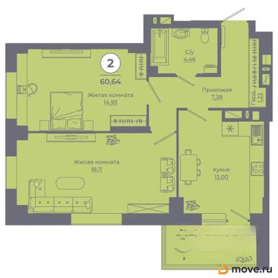 2-комн. квартира, 60.45 м&sup2;