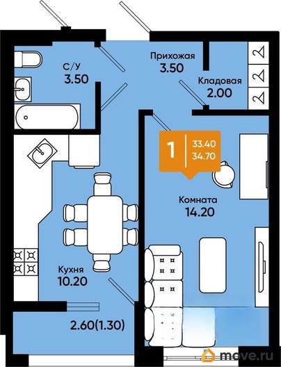 1-комн. квартира, 34.4 м&sup2;