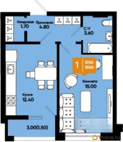 1-комн. квартира, 38.6 м&sup2;