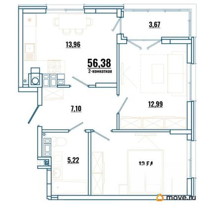 2-комн. квартира, 56.38 м&sup2;