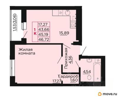 1-комн. квартира, 45.5 м&sup2;