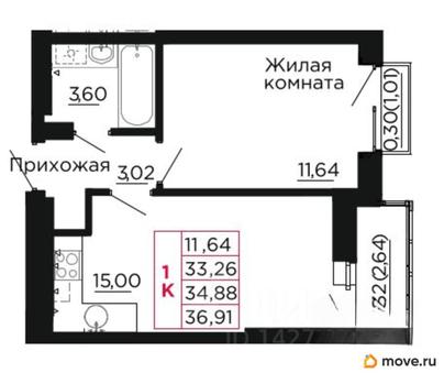 1-комн. квартира, 35.1 м&sup2;