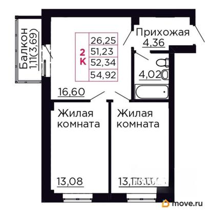 2-комн. квартира, 52.34 м&sup2;