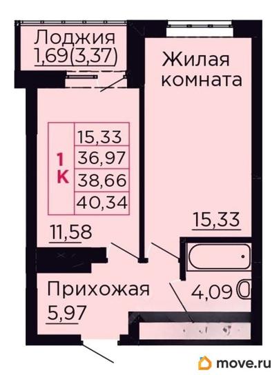1-комн. квартира, 38.66 м&sup2;
