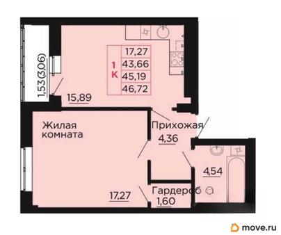 1-комн. квартира, 45.7 м&sup2;