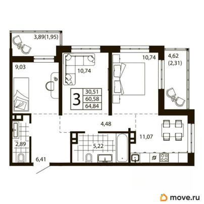 3-комн. квартира, 60.5 м&sup2;