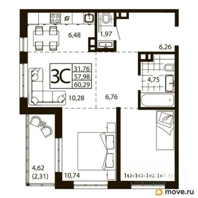 3-комн. квартира, 57.9 м&sup2;