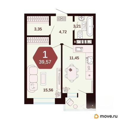 1-комн. квартира, 39.57 м&sup2;