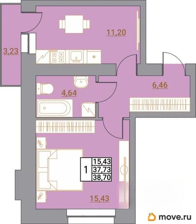 1-комн. квартира, 38.28 м&sup2;